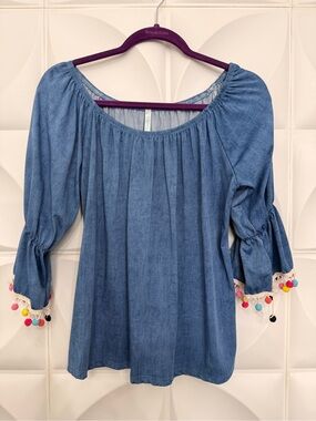 Women's Blue Off-Shoulder Tank Top with Pom Trim